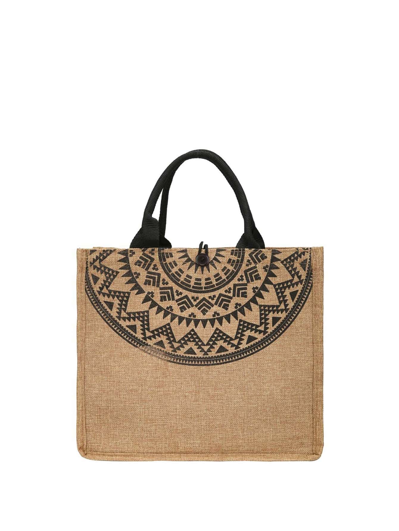 時尚復古印花亞麻包，大容量挎包，女士多功能手提包 - 卡其色 - 查看 1