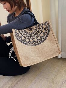 時尚復古印花亞麻包，大容量挎包，女士多功能手提包 - 卡其色 - 查看 2