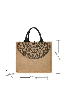 時尚復古印花亞麻包，大容量挎包，女士多功能手提包 - 卡其色 - 查看 4