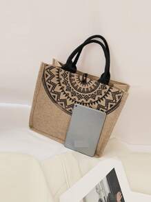 時尚復古印花亞麻包，大容量挎包，女士多功能手提包 - 卡其色 - 查看 5