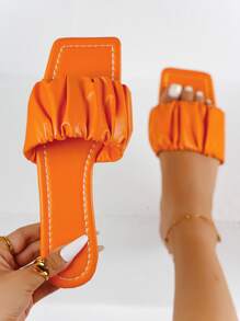 Fashionable Outdoors Orange Flat Slippers For Women, Ruched Single Band Artificial Leather Open Toe Slide Sandals - Orange - View 1
