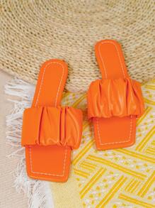 Fashionable Outdoors Orange Flat Slippers For Women, Ruched Single Band Artificial Leather Open Toe Slide Sandals - Orange - View 2