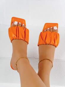 Fashionable Outdoors Orange Flat Slippers For Women, Ruched Single Band Artificial Leather Open Toe Slide Sandals - Orange - View 3