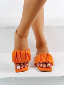 Fashionable Outdoors Orange Flat Slippers For Women, Ruched Single Band Artificial Leather Open Toe Slide Sandals - Orange - View 5
