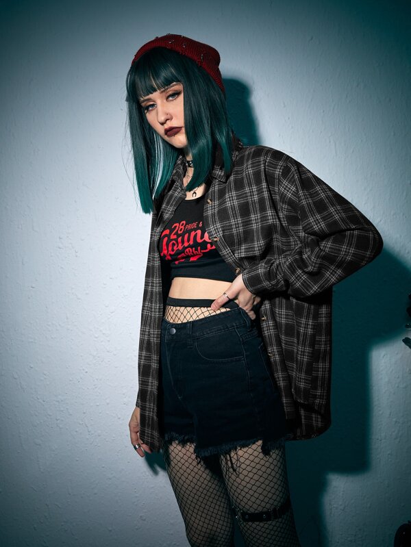 Grunge Punk Plaid Button Front Shirt, School,Long Sleeve Tops