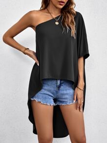 SHEIN LUNE Blusa de un hombro bajo asimétrico - Negro - Ver 5