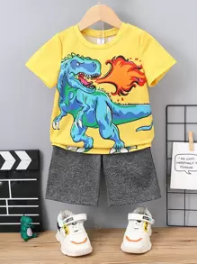 SHEIN Young Boy Dinosaur Print Tee & Shorts - Multicolor - View 1