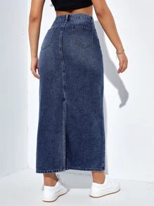 SHEIN EZwear 高腰破洞後背開衩牛仔半身裙 - 深色水洗藍 - 查看 2