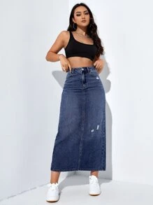 SHEIN EZwear 高腰破洞後背開衩牛仔半身裙 - 深色水洗藍 - 查看 3