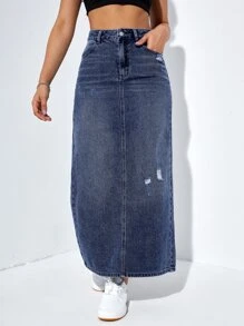 SHEIN EZwear 高腰破洞後背開衩牛仔半身裙 - 深色水洗藍 - 查看 4