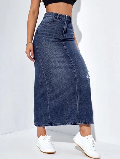 SHEIN EZwear Falda en mezclilla de talle alto desgarro con abertura trasera