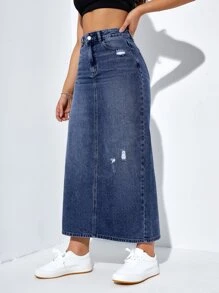 SHEIN EZwear 高腰破洞後背開衩牛仔半身裙 - 深色水洗藍 - 查看 6