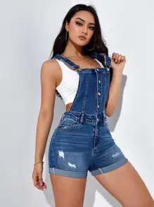 Ripped Roll Hem Denim Dungaree Romper Without Tank Top - Dark Wash - View 6