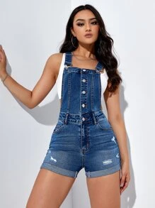 Ripped Roll Hem Denim Dungaree Romper Without Tank Top - Dark Wash - View 1
