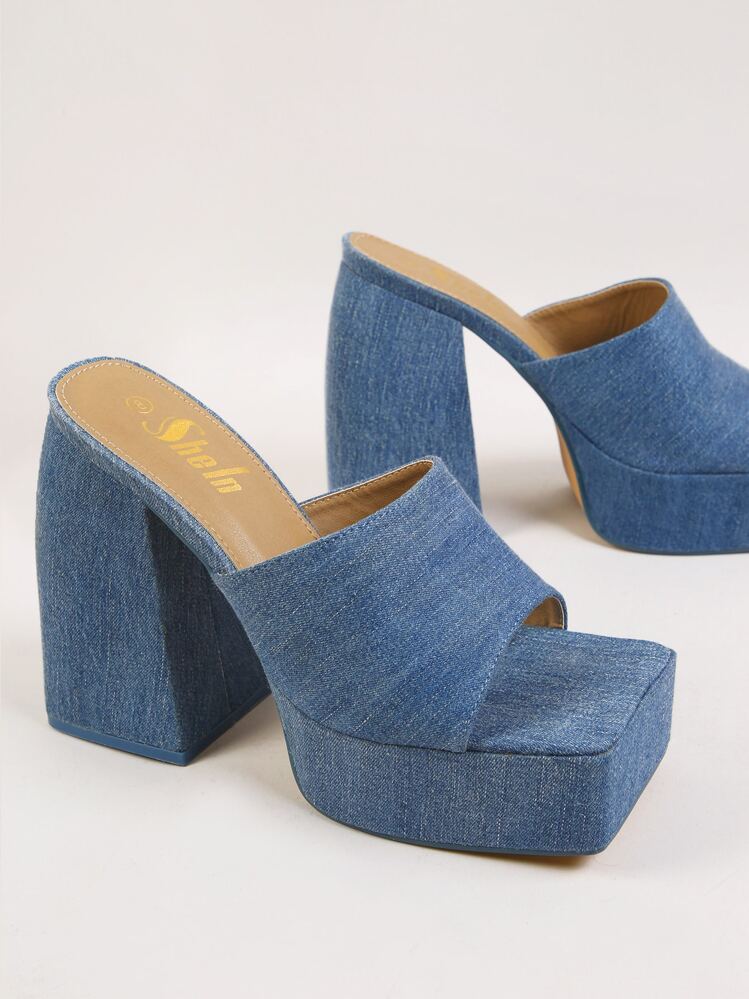 SHUZIA Women Open Toe Chunky Heeled Sandals, Fashion Denim Mule Sandals - Dusty Blue - View 2