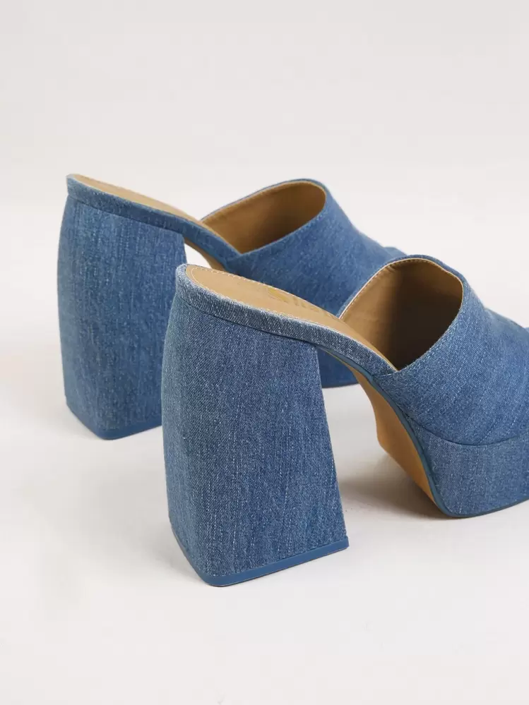 SHUZIA Women Open Toe Chunky Heeled Sandals, Fashion Denim Mule Sandals - Dusty Blue - View 4