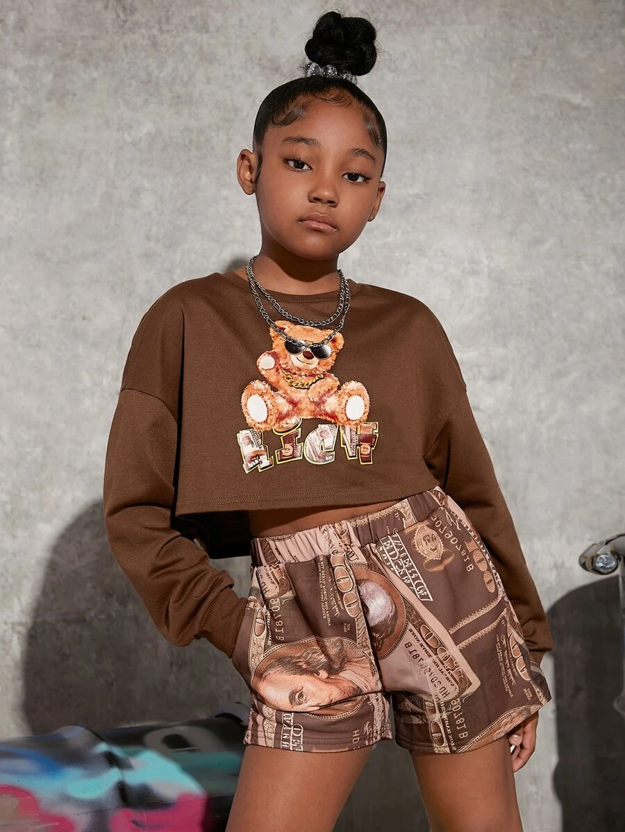 SHEIN 女孩小熊印花落肩袖套頭衫和短褲 - 彩色 - 查看 1