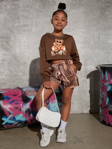 SHEIN 女孩小熊印花落肩袖套頭衫和短褲 - 彩色 - 查看 5