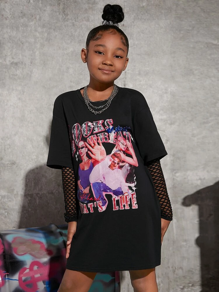 Tween Girl Fishnet Mesh Sleeve Letter & Figure Graphic Tee Dress