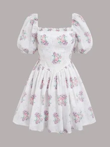 印花泡泡袖連衣裙