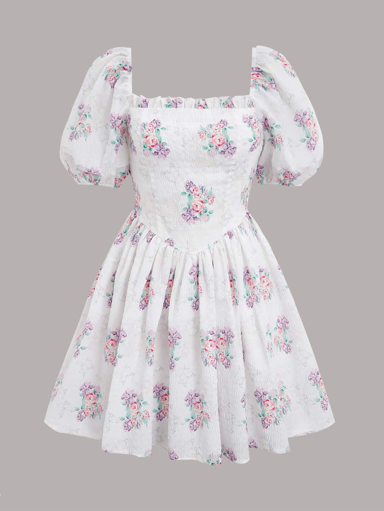 印花泡泡袖連衣裙