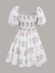 印花泡泡袖連衣裙