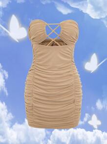 SHEIN ICON Crisscross Front Ruched Backless Tube Bodycon Dress - Khaki - View 1