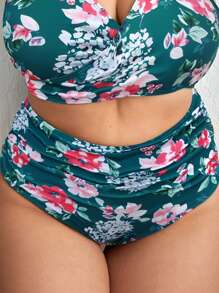 SHEIN Swim Curve Plus Floral Print Ruched High Waist Bikini Bottom - Dark Green - View 1