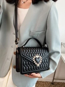 絎縫皇冠和心形裝飾翻蓋方形包，女式絎縫斜挎單肩包時尚設計師手袋絎縫斜挎錢包手機背包，復古新款 PU 皮革單肩包女鎖斜挎小方形翻蓋手袋