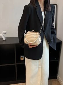 Túi xách mini đính ngọc trai giả trang trí khóa Kiss, Túi xách nữ công sở thường ngày, Hoàn hảo cho văn phòng, kinh doanh và công việc - Màu Khaki - Xem 4