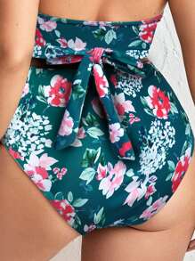 SHEIN Swim Curve Plus Floral Print Ruched High Waist Bikini Bottom - Dark Green - View 2
