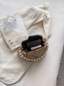 Túi xách mini đính ngọc trai giả trang trí khóa Kiss, Túi xách nữ công sở thường ngày, Hoàn hảo cho văn phòng, kinh doanh và công việc - Màu Khaki - Xem 6