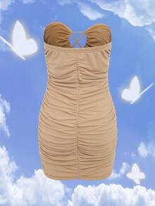 SHEIN ICON Crisscross Front Ruched Backless Tube Bodycon Dress - Khaki - View 2