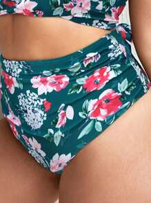 SHEIN Swim Curve Plus Floral Print Ruched High Waist Bikini Bottom - Dark Green - View 4