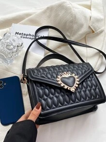 絎縫皇冠和心形裝飾翻蓋方形包，女式絎縫斜挎單肩包時尚設計師手袋絎縫斜挎錢包手機背包，復古新款 PU 皮革單肩包女鎖斜挎小方形翻蓋手袋