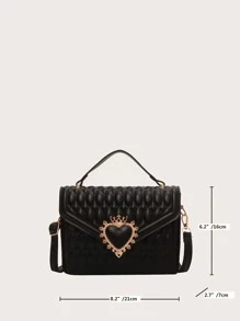 絎縫皇冠和心形裝飾翻蓋方形包，女式絎縫斜挎單肩包時尚設計師手袋絎縫斜挎錢包手機背包，復古新款 PU 皮革單肩包女鎖斜挎小方形翻蓋手袋