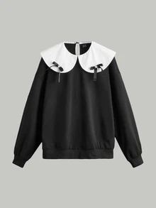 SHEIN MOD Contrast Collar Drop Shoulder Sweatshirt - Black - View 2