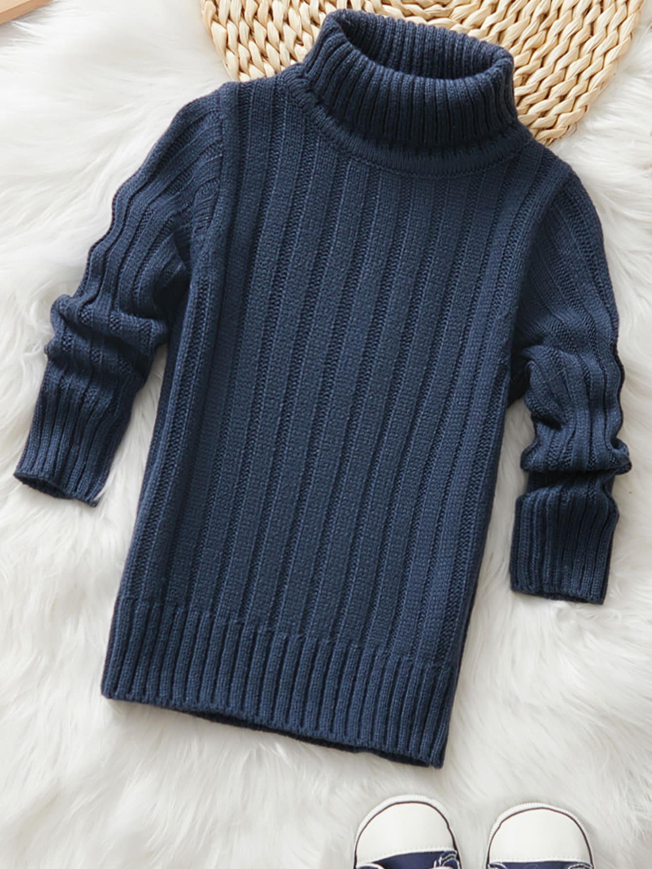 SHEIN Cậu bé Tween Chất rắn Áo cao cổ Áo len - Màu xanh hải quân - Xem 1