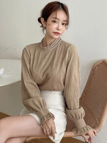 DAZY 高领荷叶边袖锁眼背心衬衫，秋季女装 - 卡其色 - 查看 3