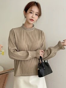 DAZY 高领荷叶边袖锁眼背心衬衫，秋季女装 - 卡其色 - 查看 4