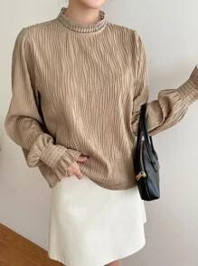 DAZY 高领荷叶边袖锁眼背心衬衫，秋季女装 - 卡其色 - 查看 7
