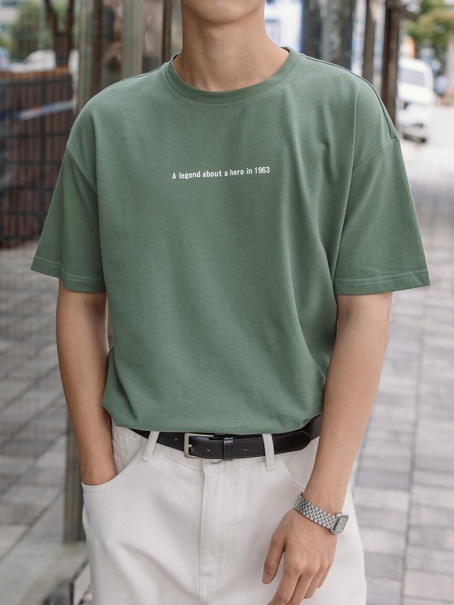 DAZY Men Cotton Slogan Graphic Drop Shoulder Tee - Green - View 1