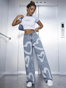 SHEIN EZwear 高腰愛心圖案闊腿牛仔褲 - 淺色水洗藍 - 查看 1