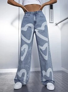 SHEIN EZwear 高腰愛心圖案闊腿牛仔褲 - 淺色水洗藍 - 查看 3