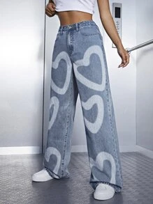 SHEIN EZwear 高腰愛心圖案闊腿牛仔褲 - 淺色水洗藍 - 查看 4