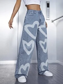 SHEIN EZwear 高腰愛心圖案闊腿牛仔褲 - 淺色水洗藍 - 查看 5