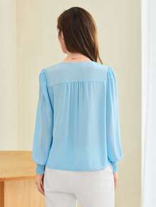 SHEIN Privé V-neck Shirred Button Detail Top - Baby Blue - View 2