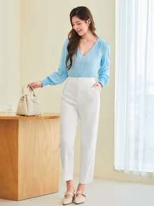 SHEIN Privé V-neck Shirred Button Detail Top - Baby Blue - View 3