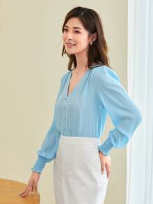 SHEIN Privé V-neck Shirred Button Detail Top - Baby Blue - View 4