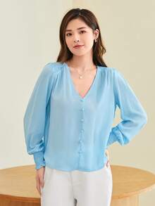 SHEIN Privé V-neck Shirred Button Detail Top - Baby Blue - View 5